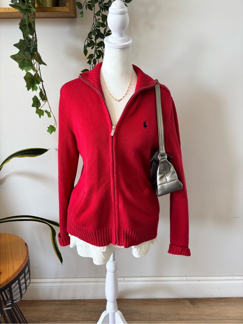 Ralph Lauren Bright Red Knit Zip-Front Sweater